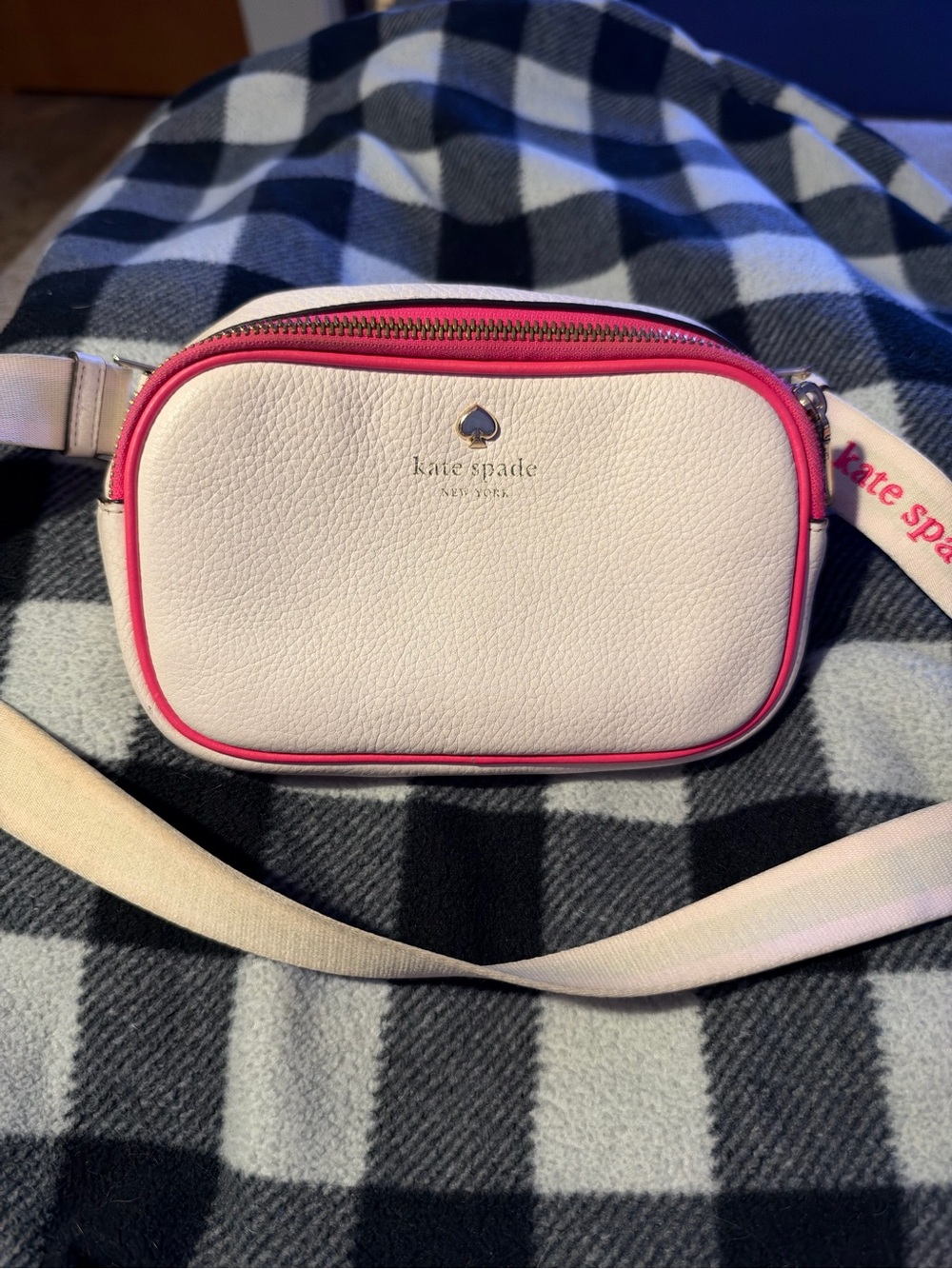 kate spade White Pebbled Leather Crossbody with Pink Trim and Strap Logo